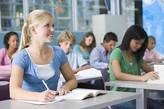 Schoolgirl in high school class