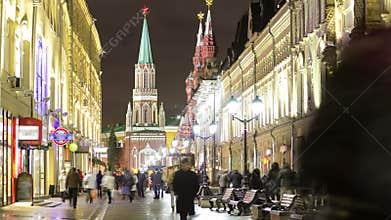 Winter view of Nikolskaya street timelapse in