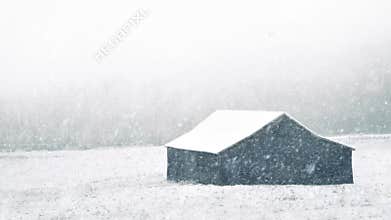 Barn With Snow Falling