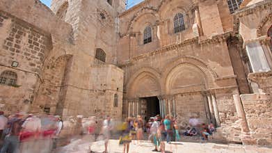 Vew on main entrance in at the Church of the Holy Sepulchre in Old City of Jerusalem timelapse hyperlapse