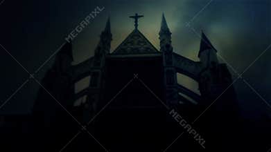 Spooky Church at Night Under a Lightning Storm and Rain