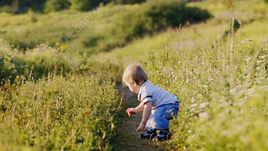 Emotional little boy in nature taking its first steps.