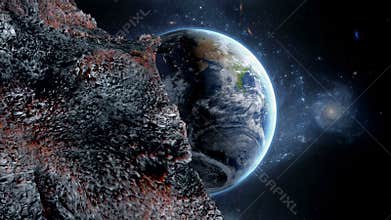 Flying asteroid, meteorite to Earth. outer space. Armageddon