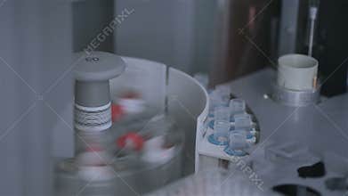 Modern Medicine manufacturing and lab equipment. Pharmaceutical production line.