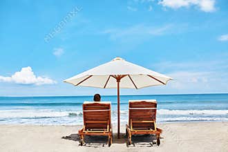 Summer Beach. Holidays Vacations. Woman Relaxing, Deck Chairs