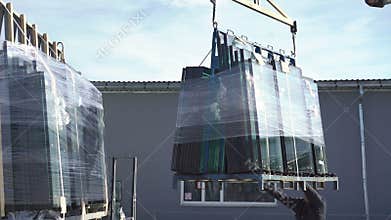 Loading window glass on the vehicle from window factory outdoor 4K
