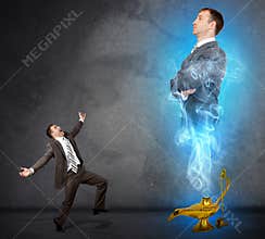 Genie business man appearing from magic lamp