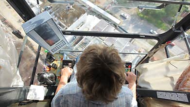 The view from the driver's cab of a construction crane