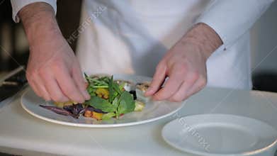 The chef decorates the salad