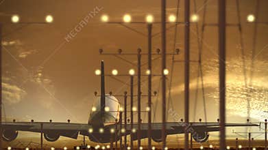 Airbus A340-600 airliner landing at the airport against beautiful sunset sky