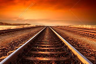 Train tracks goes to horizon in the majestic sunset.