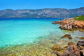 Marmaris beach beautiful blue sea on mountains background