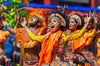 January 24th 2016. Iloilo, Philippines. Festival Dinagyang. Unidentified people on parade in carnival costumes. Documentary