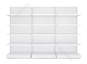 Three white blank empty retail shelves