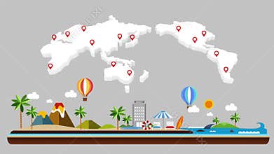 Flying travel for Island. Beach Tour, ,Flying airplane, illustration animation, vacation.