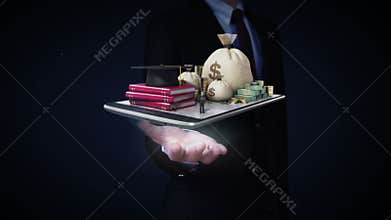 Businessman open palms, Online Student loans with cash, money, bills, loan,debt for Education on mobile.tablets.