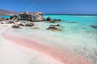 Coast of Crete island in Greece. Pink sand beach of famous Elafonisi