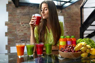 Fitness Food, Nutrition. Healthy Eating Woman Drinking Smoothie