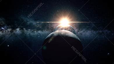 Flight through meteorites. a wonderful sunshine. space. moon