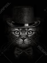 Dark muzzle cat close-up in a hat and tie butterfly