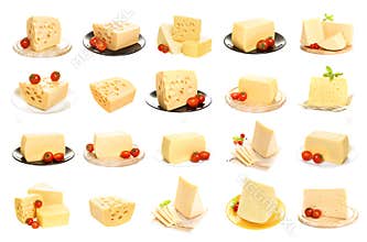 Collection of cheese isolated on white background. Set of different cheeses