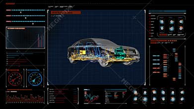 Automobile Technology. Drive shaft system, Engine, interior seat. X-ray 360 degree Side view. in digital display panel. user inter