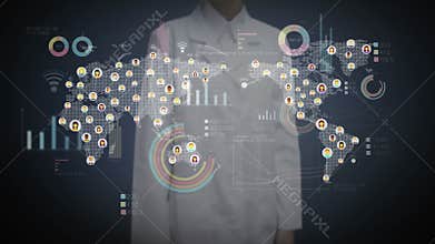 Female doctor touching digital screen, connected people, using communication technology. with economic diagram,chart,graph.
