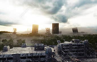 Apocalypse city in fog. Aerial View of the destroyed city. Apocalypse concept. 3d rendering.
