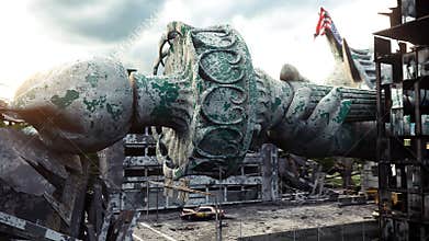 Apocalypse of USA, America. view destroyed New York city, Statue of liberty. Apocalypse concept. 3d rendering.