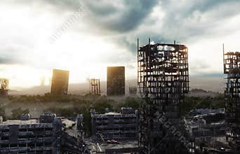 Apocalypse city in fog. Aerial View of the destroyed city. Apocalypse concept. 3d rendering.