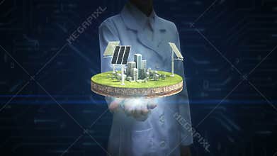 Female researcher, Engineer open palm, Solar energy panel, Eco-friendly energy on cycle ground.