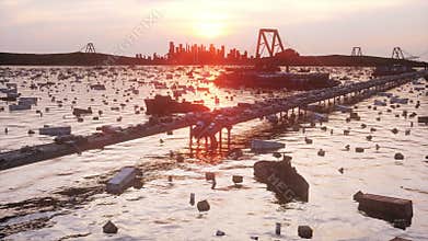 Apocalypse sea view. Destroyed bridge. Armageddon concept. Super realistic 4K animation.