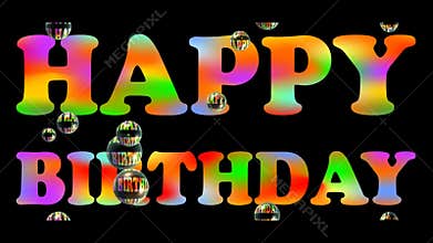Happy birhtday banner with colorful rainbow headline and floating soap bubbles on black background. Advertising for gift shop.