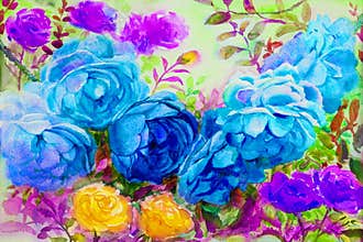 Painting watercolor flowers landscape colorful of roses.