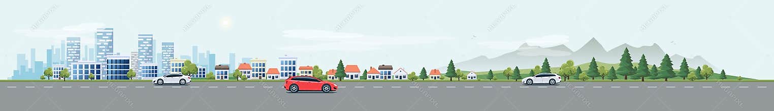 Urban Landscape Street Road with Cars and City Nature Background