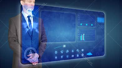 Businessman makes a financial analysis on touch screens. Financial trading