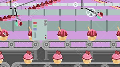 Muffins Factory Moving on a Conveyor in Cartoon Style