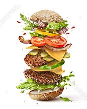 Burger with flying ingredients
