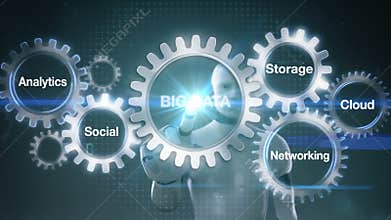 Gear with keyword, Analytics, Social, Storage, Cloud , Networking, Robot cyborg touching screen `BIG DATA`