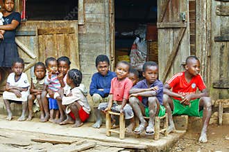 Unknown african children laughing in Malgasy village.