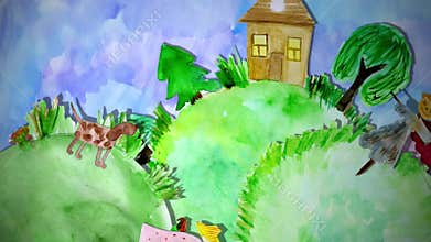 Summer animation watercolor drawing with girl, dog and scarecrow