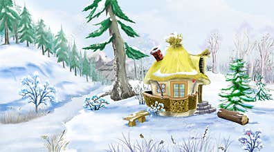 Snow Covered Green Pine Trees near a Fairy Tale House