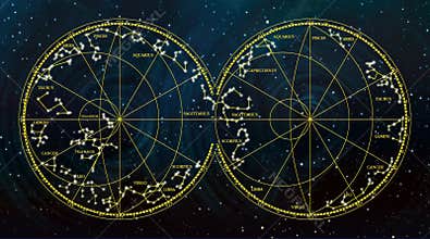 Sky map depicting constellations and zodiac signs.