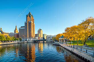 Downtown skyline with Buildings along the Milwaukee River