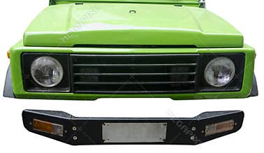 Green jeep headlights and front bumper