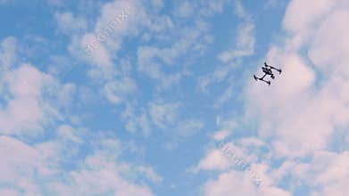 The man controls the drone, the drone is flying high in the sky, the camera follows the drone