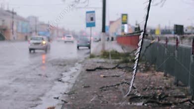 Power pole broken in street ice storm
