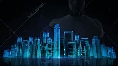 Robot, cyborg touching screen, Construction building city skyline and make city in animation. neon blue x-ray image.