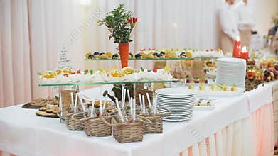 Beautifully decorated catering banquet table with different food snacks and appetizers on corporate christmas birthday
