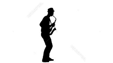 Jazz melodies performed by young musician. Silhouette on white background